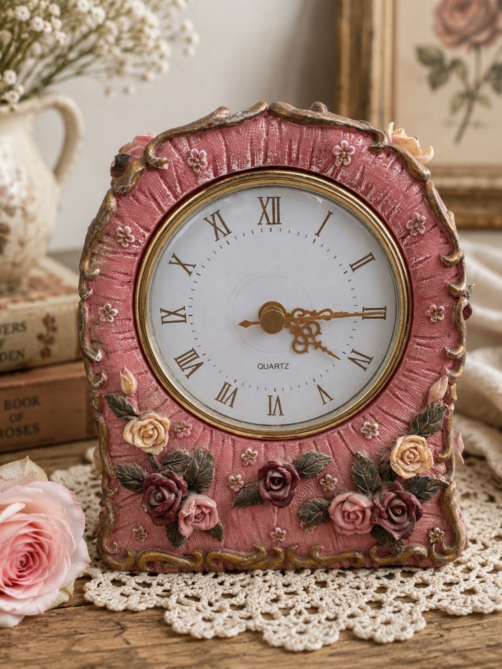 Vintage-Style Pink Floral Quartz Mantel Clock cottage core